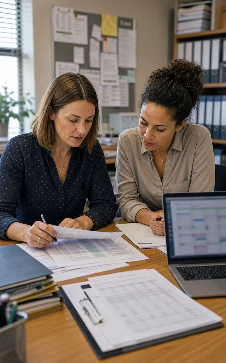 Two workers checking manual admin records together at a desk