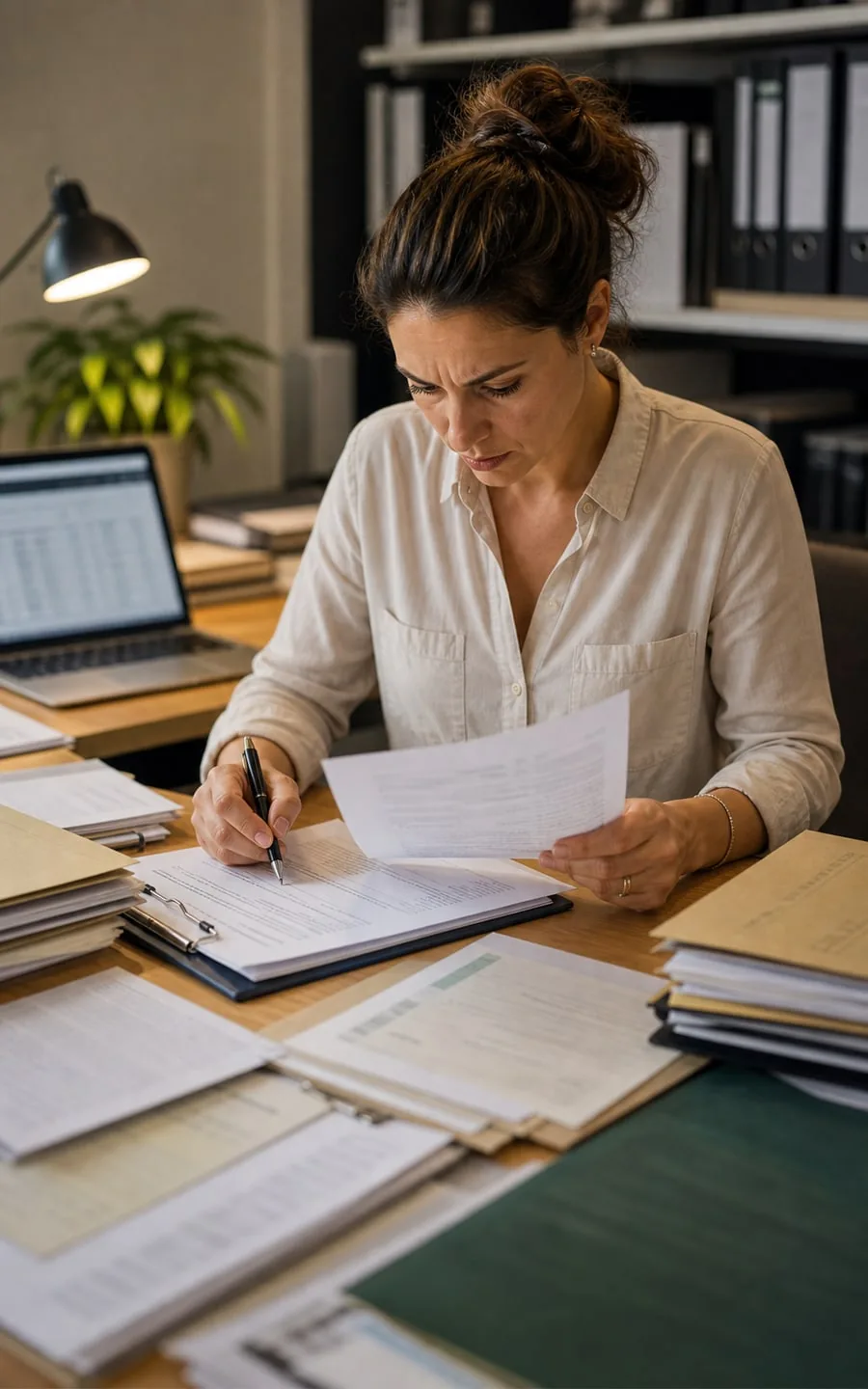 Office worker checking paper documents and folders against a list