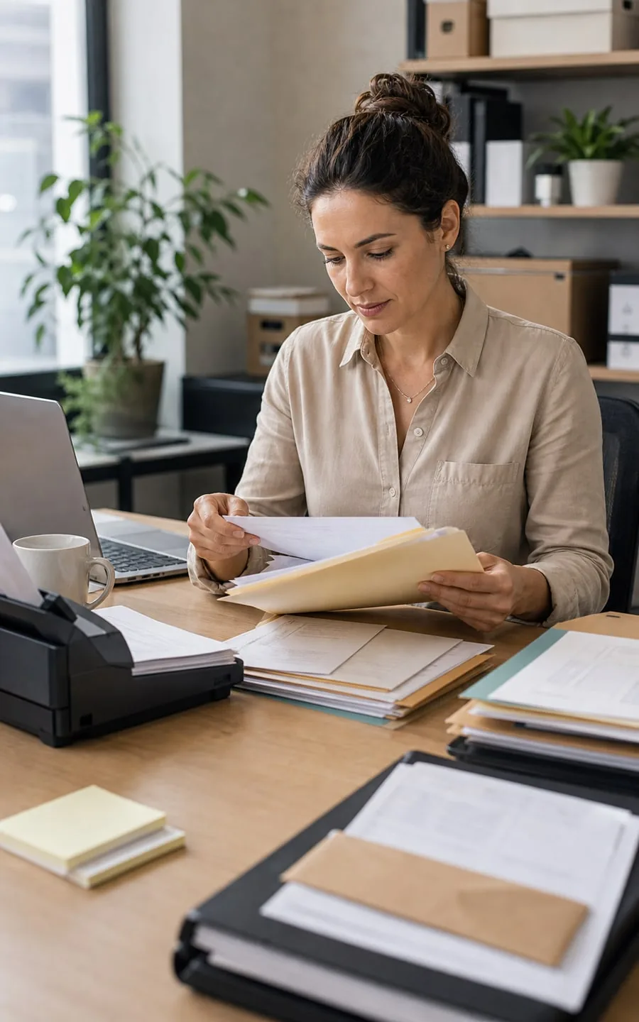 Office worker sorting documents and folders by hand