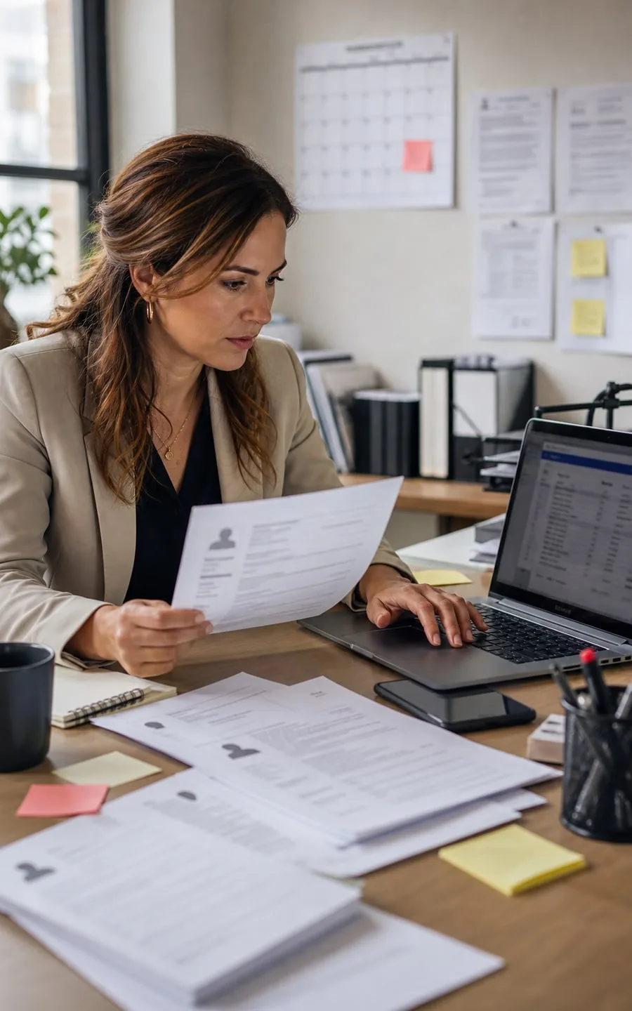 Office worker managing calls, notes, and a laptop while handling follow-ups