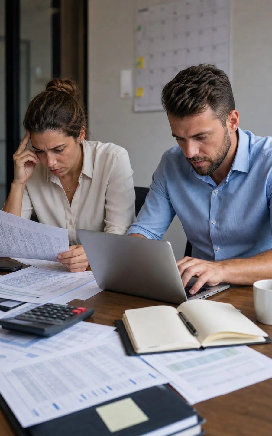 Two colleagues checking records and reports before billing